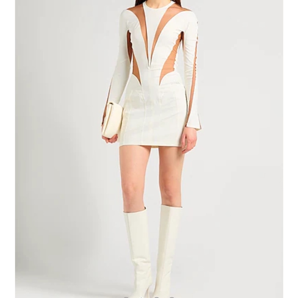 Mugler Sheath White and Tan Long Sleeve Dress